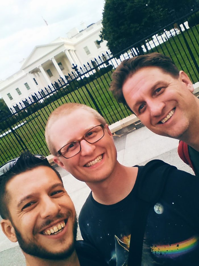 Brett, Joe, and Phil posing outside the White House