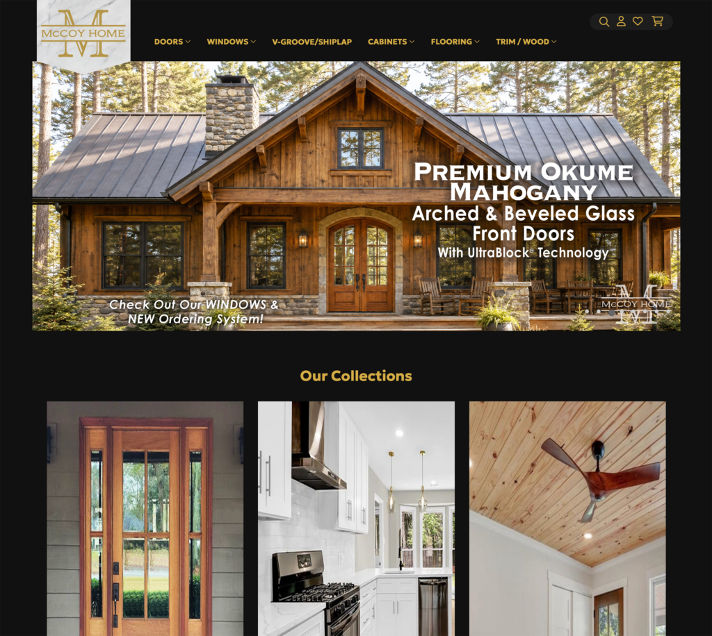 A screenshot of the mccoyhome.com homepage with a featured image and list of product collections