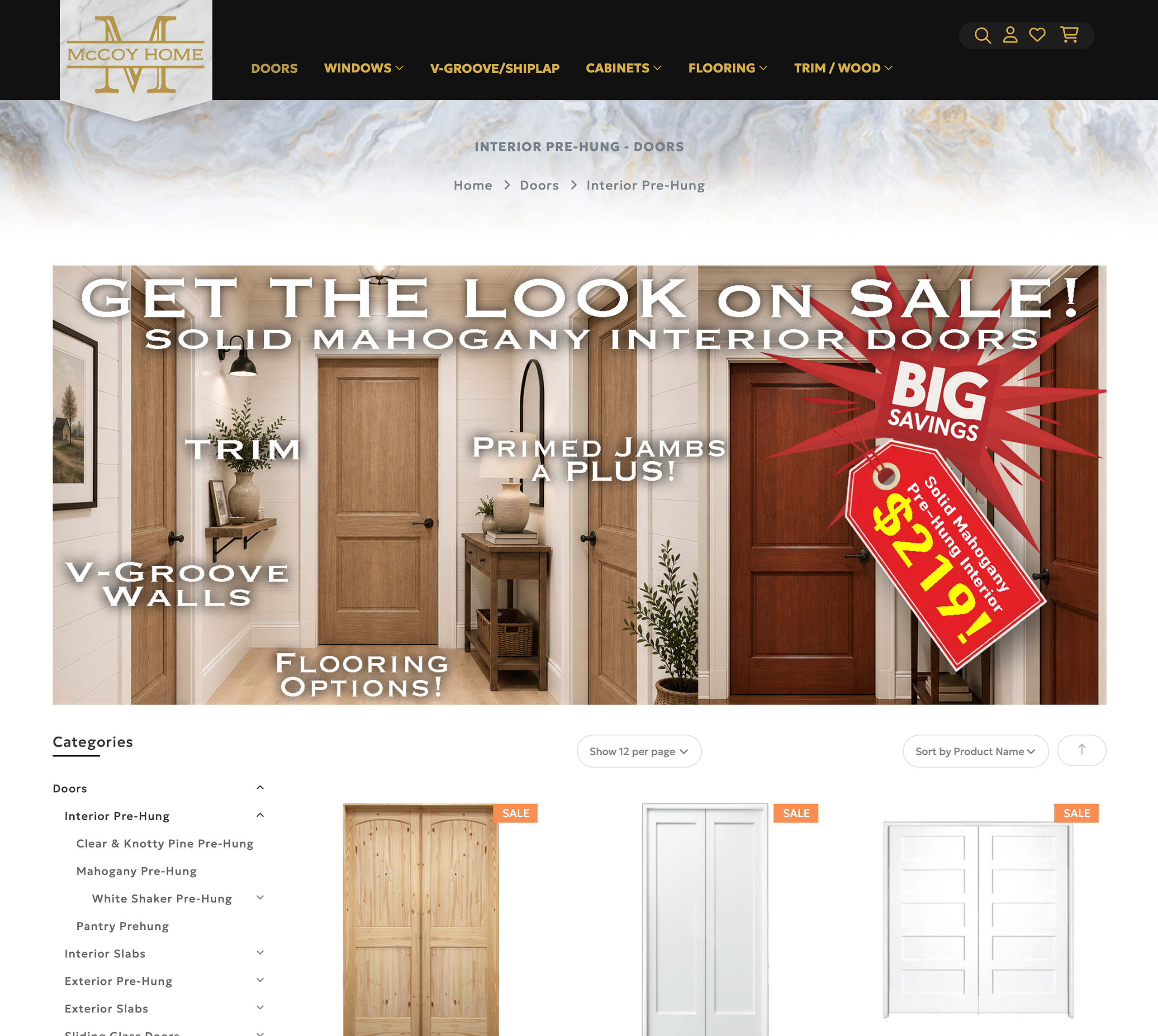 An interior pre-hung doors product listing page screenshot of mccoyhome.com