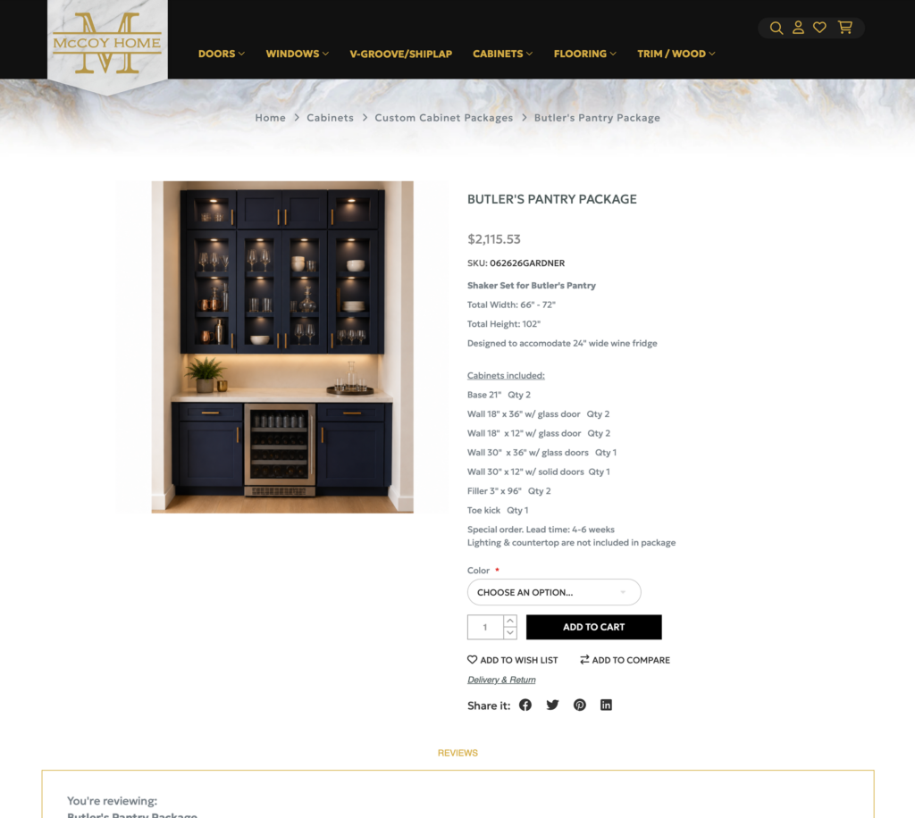 A product detail screenshot from mccoyhome.com showing a Butler's Pantry Package