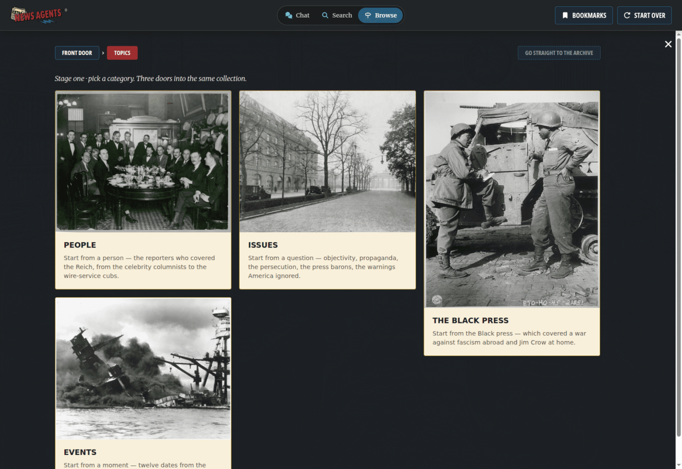 Newsagents Browse Topics interface offers People, Issues, Events and The Black Press research paths.
