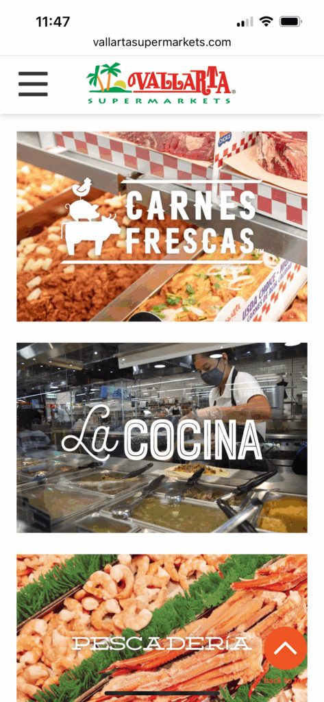 Vallarta supermarkets departments listing page, mobile screenshot