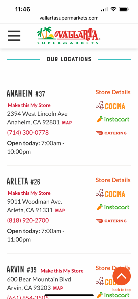 Vallarta store locations page mobile screenshot