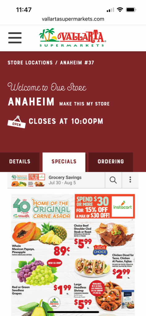 Vallarta Supermarkets store detail page with weekly specials ad