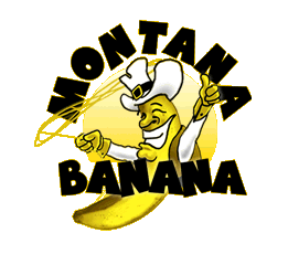The original sketch of the Montana Banana logo, where a banana wearing a cowboy hat is twirling a lasso.