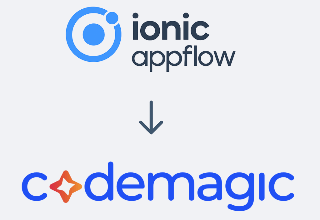 Ionic Appflow logo, a down arrow, then the codemagic logo