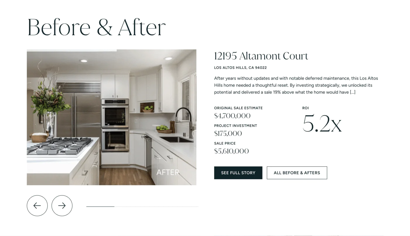 Screenshot from wilsonroberts.com of a Before & After slider with property dtails